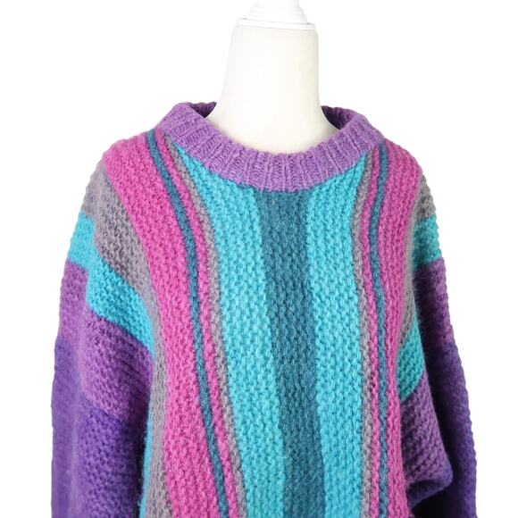Vintage 80s/90s Purple and Blue Striped Wool Knit Crewneck Sweater L - Picture 2 of 4